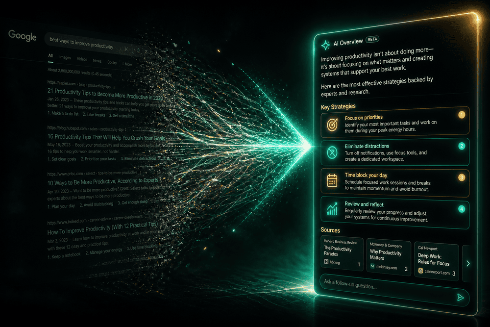 A cinematic widescreen hero image showing the transformation of search — left side shows fading traditional Google blue link results page in dark grey desaturated tones, right side shows a glowing vibrant AI answer panel with citation cards, connected by an electric neural pathway arrow in the center, dramatic dark charcoal background, electric blue and amber accent lighting, futuristic editorial style, high contrast