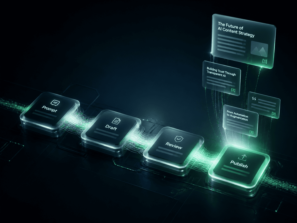 Cinematic isometric widescreen dark hero image showing a sleek glowing AI content pipeline — connected workflow nodes labeled Prompt, Draft, Review, Publish flowing left to right, emerald green and white glowing data flow lines between nodes, small floating content cards with citation markers emerging at the end, deep dark navy background, minimal clean aesthetic inspired by Notion and Linear design systems, subtle cool-toned ambient glow, photorealistic digital art, editorial futuristic style.
