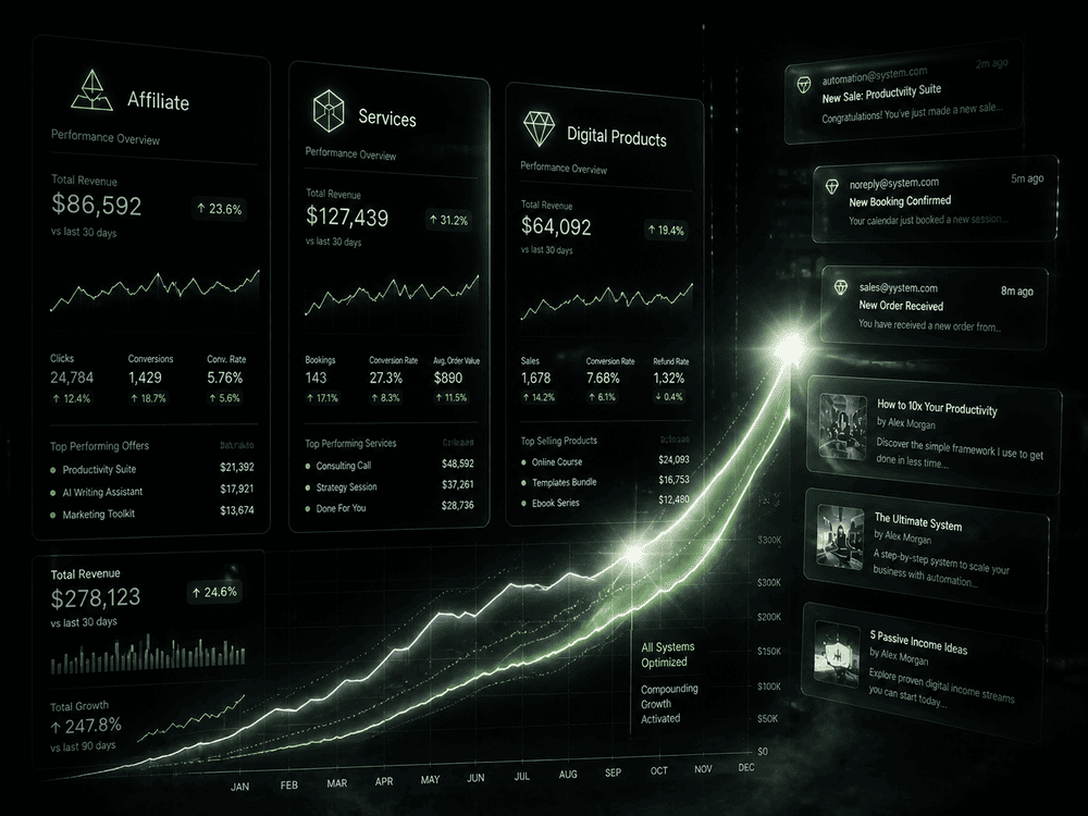 Cinematic widescreen dark hero image showing a sleek premium strategic dashboard with three glowing vertical panels labeled Affiliate, Services, and Digital Products, each with minimal icon, connected below by a single rising compound graph line in warm gold and platinum white, deep charcoal-black background, subtle warm amber glow on the converging graph area, floating email and content card elements drifting upward, Bloomberg Terminal meets Stripe Dashboard aesthetic, editorial futuristic style, ultra-clean composition, photorealistic digital art.
