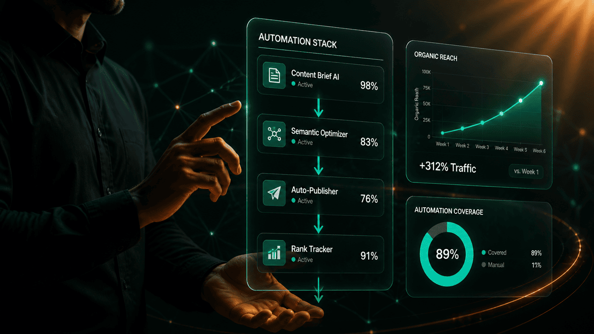 Marketing automation stack for AI-native SEO — workflow platforms, API connections, and triggers handling rank alerts, content publishing, and reporting